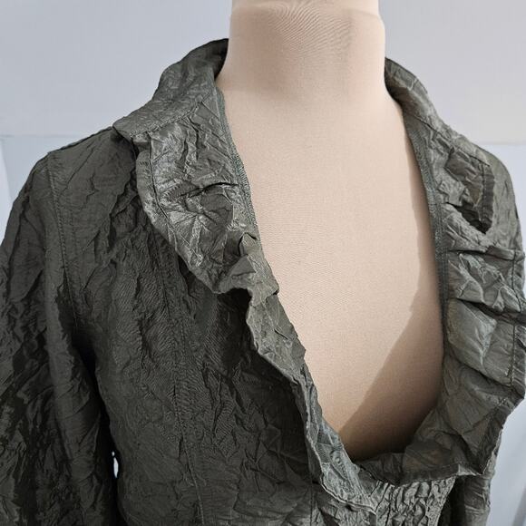Chico's Olive Green Jacket Crinkle Textured Womens Medium Ruffled Career Mature - Picture 6 of 13